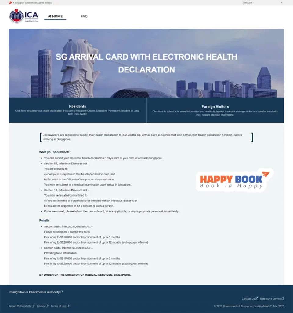 Trang chủ cổng điện tử do Cục Di Trú Singapore vận hành